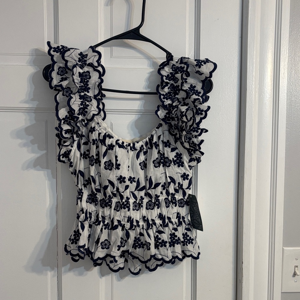 Smocked Floral Ruffle Crop Top - Navy on White